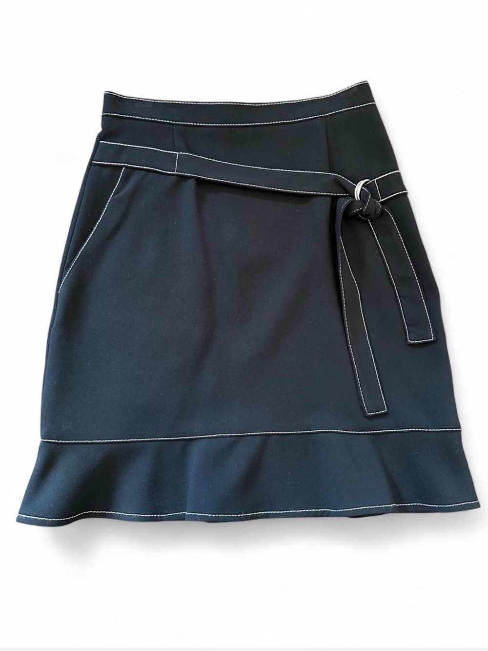 Sandro Black A-Line Skirt with Contrast White Stitching and Tie Belt